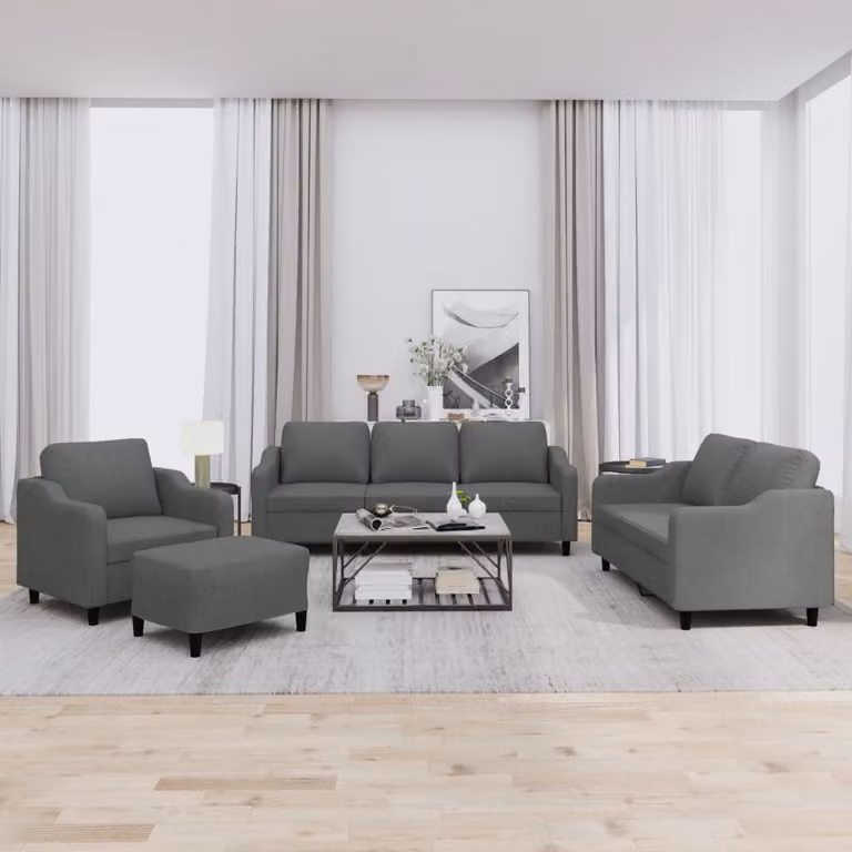 Set di divani moderno vidaXL in tessuto grigio composto da un divano a 3 posti, un divano a 2 posti, un pouf e cuscini per il soggiorno