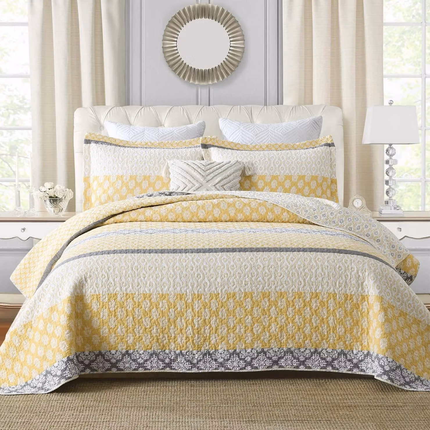 Set di copripiumino matrimoniale, 3 pezzi, 100% cotone, motivo floreale, giallo/grigio