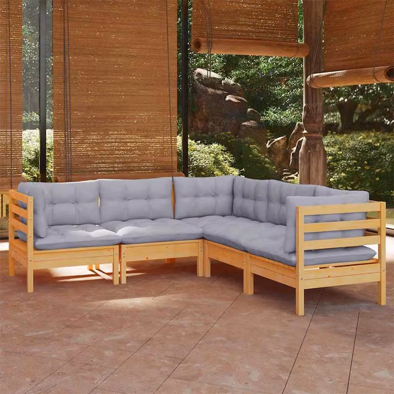 Set di divani da giardino vidaXL a forma di L in legno massello di pino con cuscini grigi
