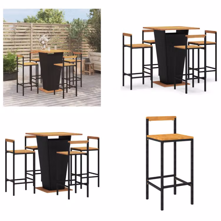 vidaXL Set bar da giardino 5 pezzi in poly rattan nero e legno massiccio di acacia - Set bar da giardino - Set bar da giardino - Set bar da giardino - Bar da giardino