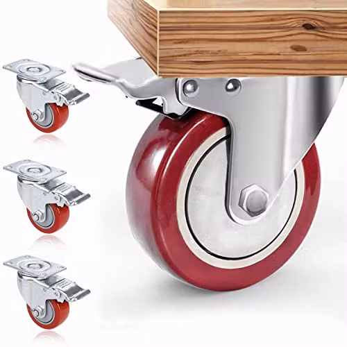 Set di 4 Ruote Girevoli, Orientabili con Freno, Capacità di Carico Massima 1200 lbs, Ruote Carrello da Lavoro, Rotelle per Letto e Mobili Rosso