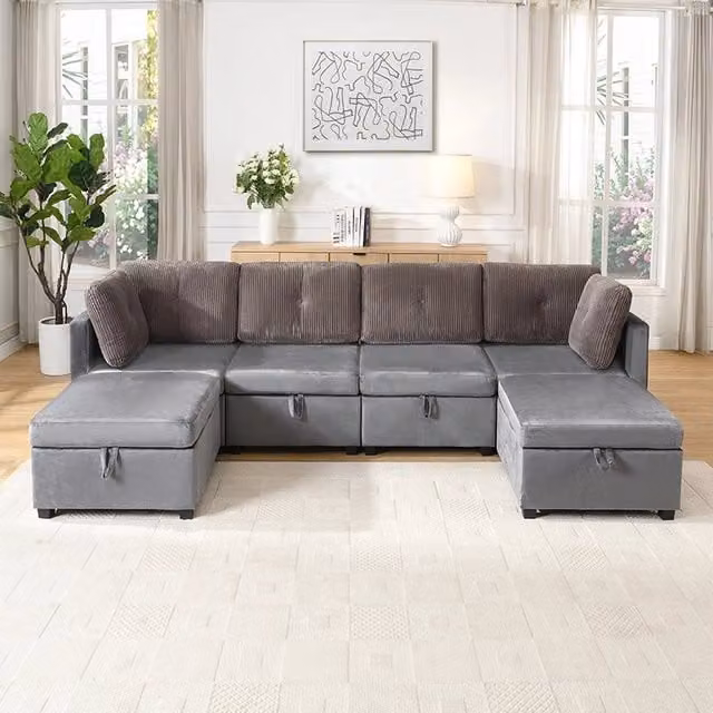 Divano panoramico componibile a U MIVRAY in velluto grigio con 6 moduli contenitore, funzione letto e cuscini in velluto a coste