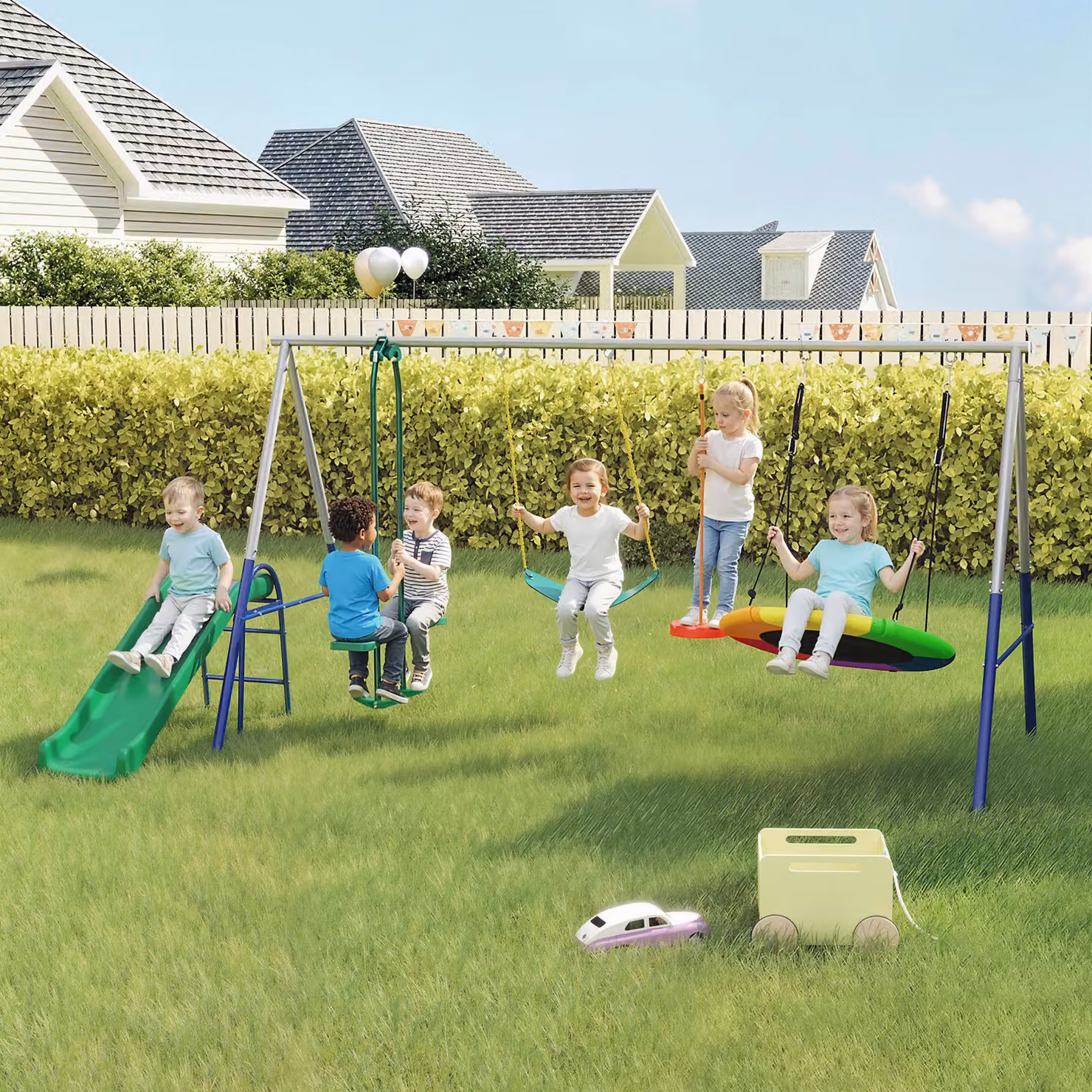 AIYAPLAY Altalena 5 in 1 con scivolo e seduta a nido multicolore L: 382 cm, P: 196 cm, H: 203 cm – 2