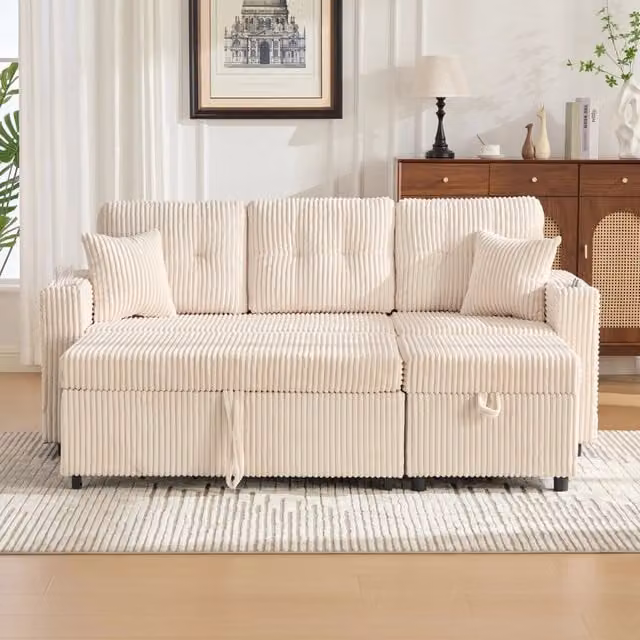 Divano letto con contenitore, USB-C, LED, portabicchieri, in corduroy beige