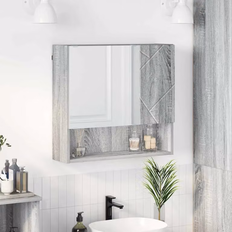 Mobiletto per specchio da parete vidaXL Grigio con specchio su anta, L: 59 cm, P: 17 cm, H: 55 cm