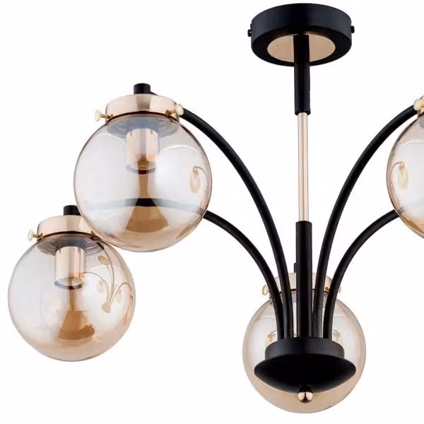 Plafoniera moderna Kula Alfa con sfere in vetro trasparente e dettagli oro/ottone, 5xE14 – 2