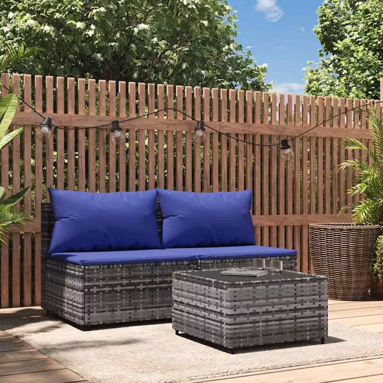 Set da giardino vidaXL composto da divano a 2 posti e tavolino da caffè con cuscini imbottiti in tessuto blu e struttura in metallo grigio