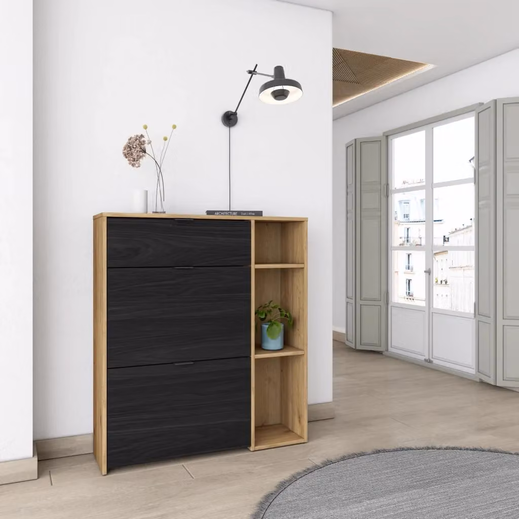 Scarpiera da ingresso Skraut Home con ante a battente, capacità 10 paia di scarpe, Rovere e Nero, L: 90 cm, P: 27 cm, H: 102 cm – 2