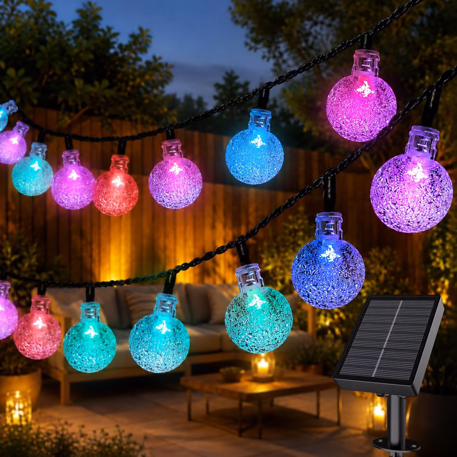 Catena luminosa solare da 12 metri, con 60 LED colorati, grado di protezione IP65, 8 modalità di illuminazione, batteria da 500 mAh