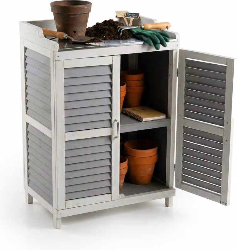 Tavolo da giardinaggio Relaxdays con mobile base, in legno, piano di lavoro in ferro, A x L x P: 100 x 67 x 47 cm, mobile da giardino, grigio/bianco
