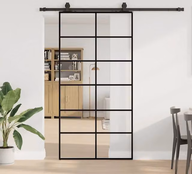 Porta Scorrevole Moderna VIDAXL in Vetro Trasparente con Telaio in Alluminio Nero L: 102 cm, H: 205 cm