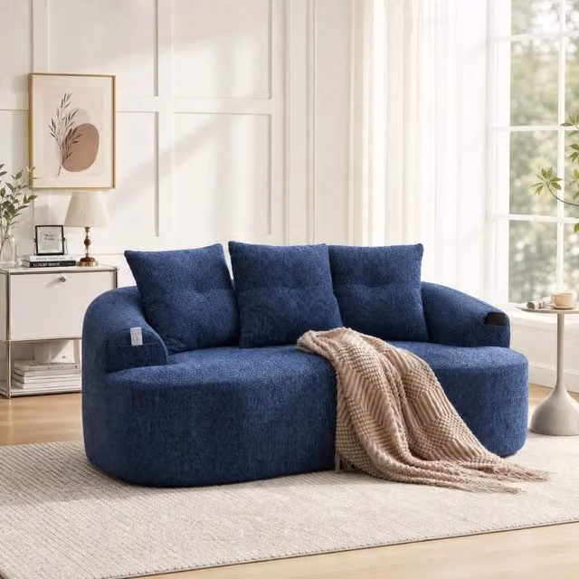 Divano a due posti in chenille con seduta profonda e cuscini extra spessi blu senza montaggio 164 × 92 × 60 cm