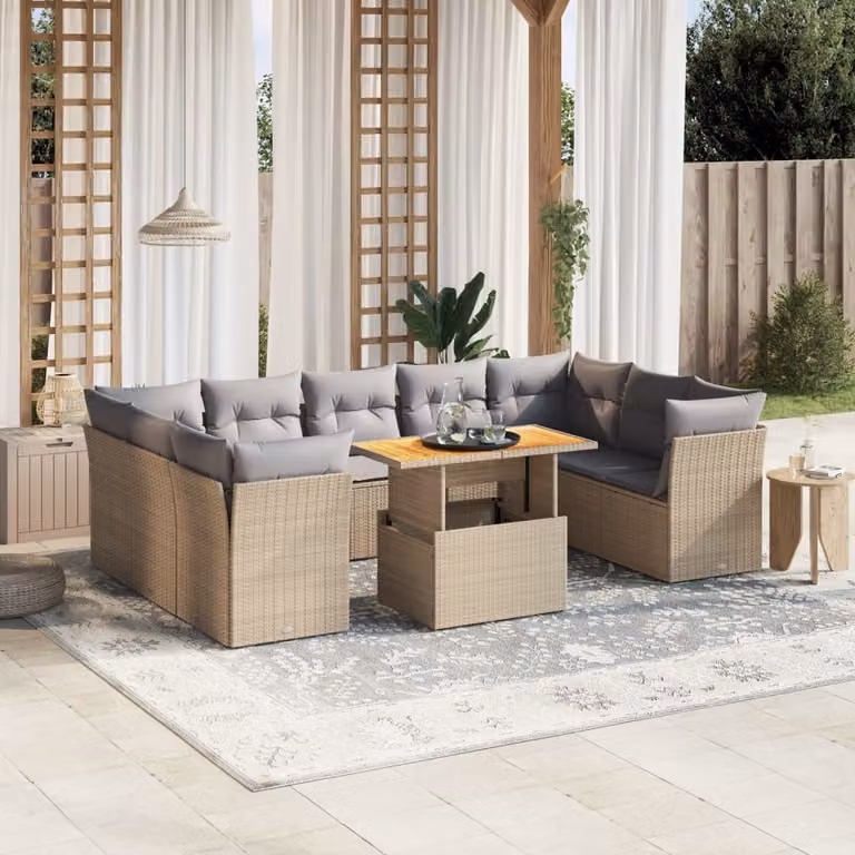 vidaXL Set Divano da Giardino 10 pz con Cuscini Beige e Tavolino in Polyrattan e Legno di Acacia