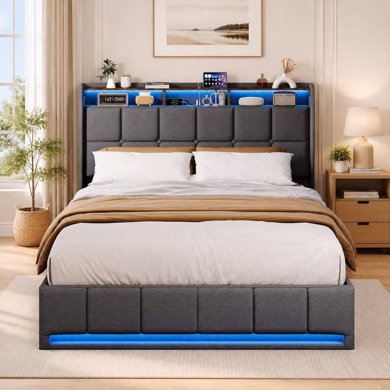 Letto imbottito INONEFT, 160x200 cm, con illuminazione LED e prese USB, letto a due piazze per giovani con spazio contenitivo, testiera imbottita, letto a molle con sistema idraulico, colore grigio