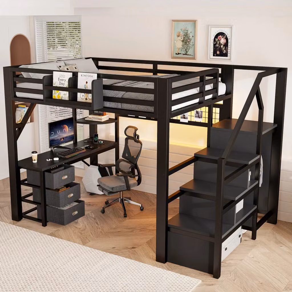 Letto a soppalco MIVRAY nero con scrivania, armadio, 3 cassetti, scala e illuminazione LED in metallo e MDF, L/P: 140 x 200 cm – 2