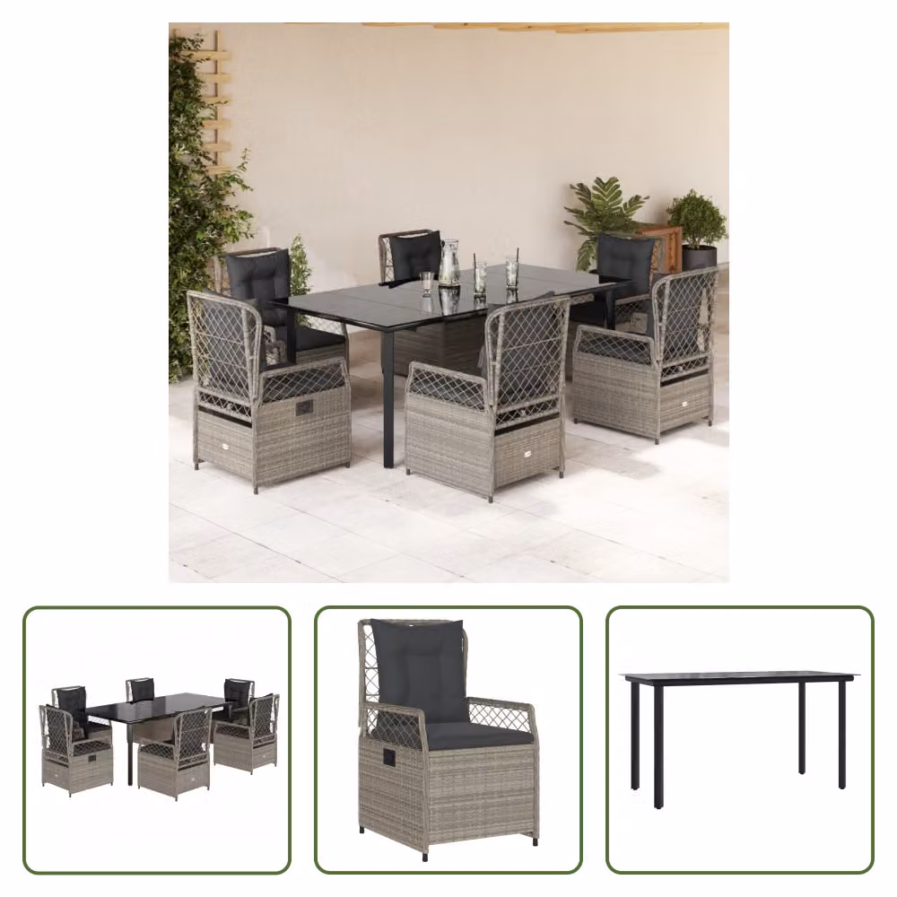 The Living Store Set da pranzo da giardino 7 pezzi con cuscini in poly rattan grigio chiaro