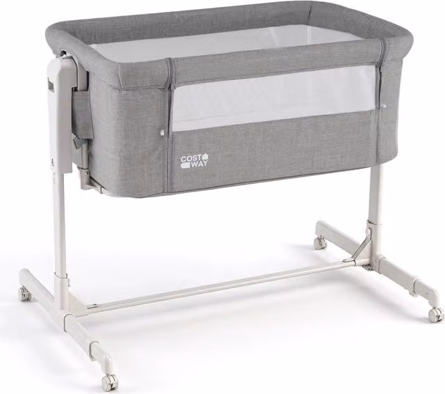 Culla per neonati DESIGN IN con 6 livelli di altezza regolabile, funzione dondolo, 4 ruote con freno e piedini estensibili, Grigio chiaro