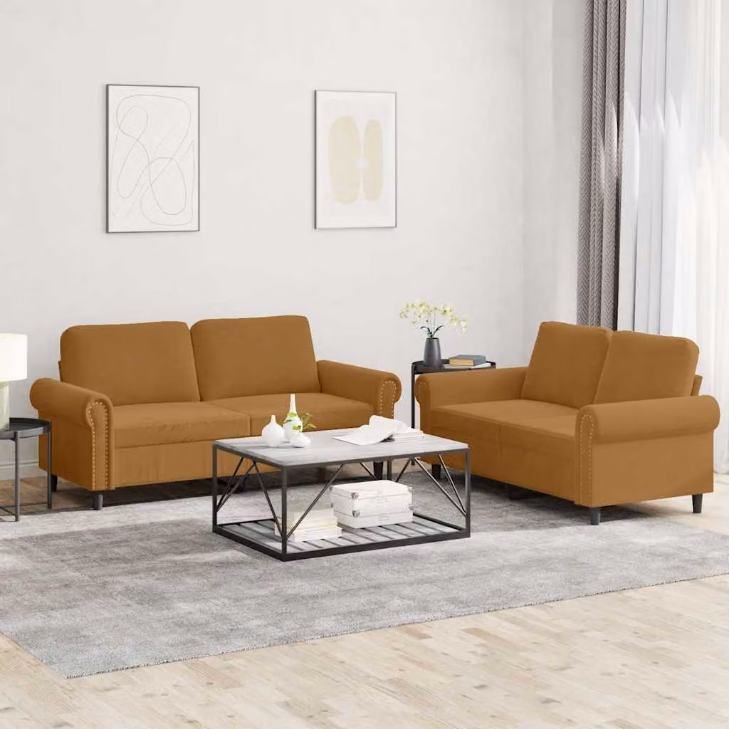 Set di divani 2 pz vidaXL in velluto marrone con cuscini per soggiorno – 1