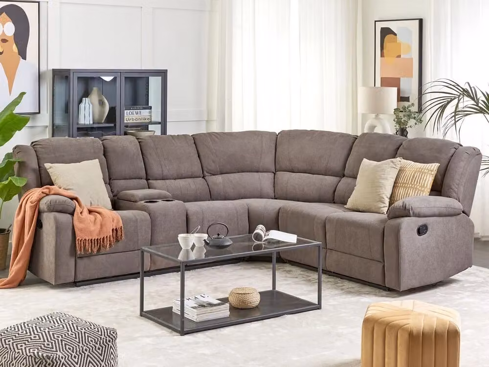 Divano angolare Beliani a 5 posti in tessuto grigio e beige con schienale regolabile e portabicchieri stile moderno L/P/H: 229 x 131 x 94 cm – 2