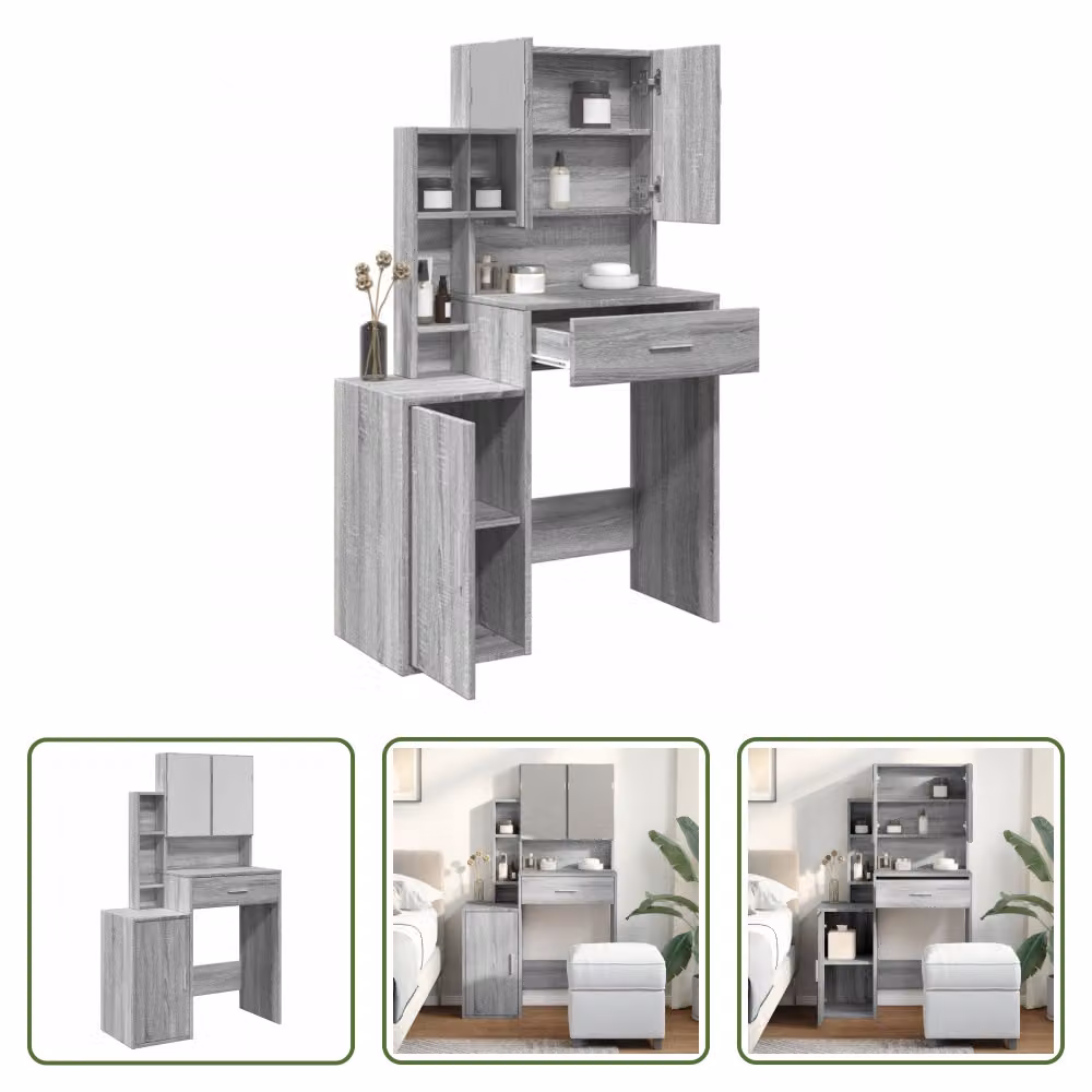 The Living Store Comodino con mobile grigio rovere Sonoma 80x35x132 cm