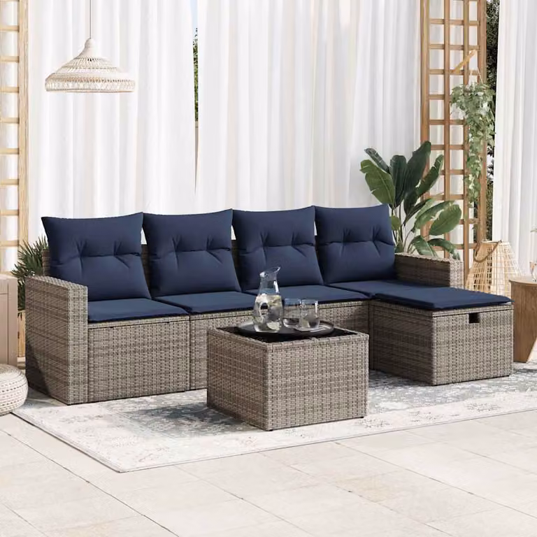 Set Divano da Giardino vidaXL 6 pz a Forma a L con Cuscini Grigio e Blu in Polyrattan e Metallo
