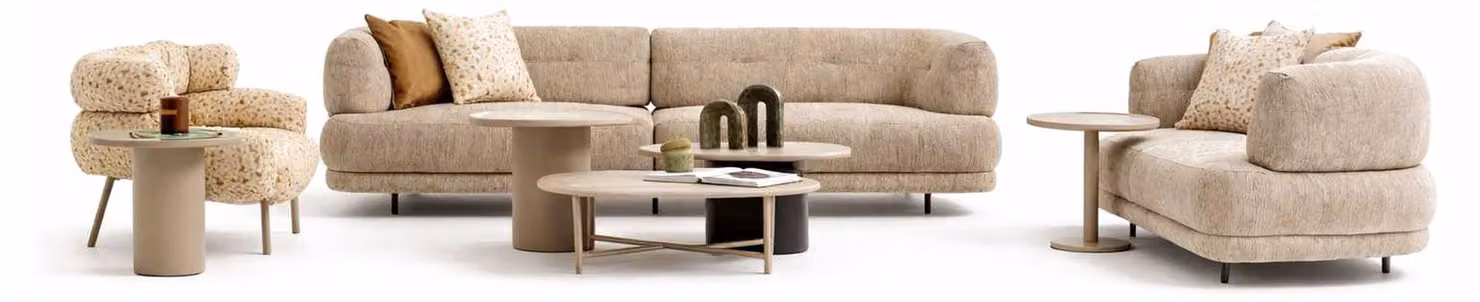 Divano beige (2 pezzi), poltrone beige (2 pezzi), tavolini di servizio beige (2 pezzi), design moderno