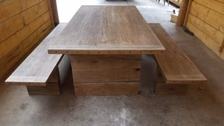 Casa Padrino Set di mobili da giardino rustici - Tavolo + 2 panchine da giardino (lunghezza 200 cm) - Rovere massiccio - Mobili in vero legno massiccio