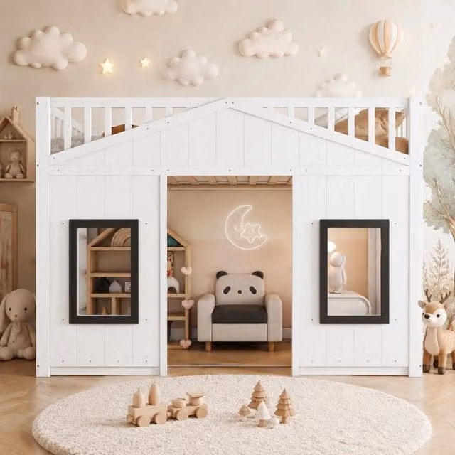 Letto a castello in pino e MDF bianco 90x200 cm con scaletta e protezioni anticaduta per bambini