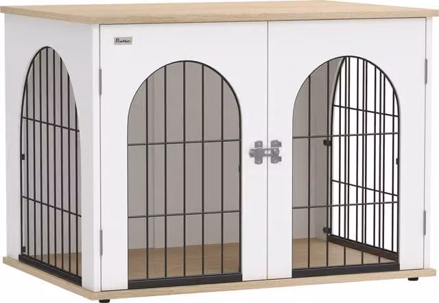 PawHut Mobile Gabbia per Cane ad Arco con Doppia Porta e Tavolino in Metallo, Bianco, L 80 cm x P 56 cm x H 59 cm
