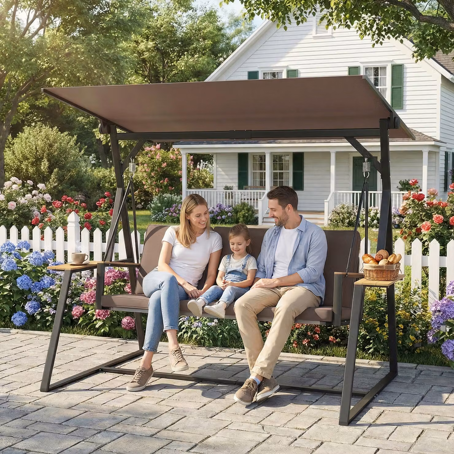 Dondolo da giardino Outsunny a 3 posti con tettuccio regolabile e cuscini imbottiti, struttura in metallo marrone con vassoi porta bicchieri, L: 222 cm, P: 131 cm, H: 175 cm – 2
