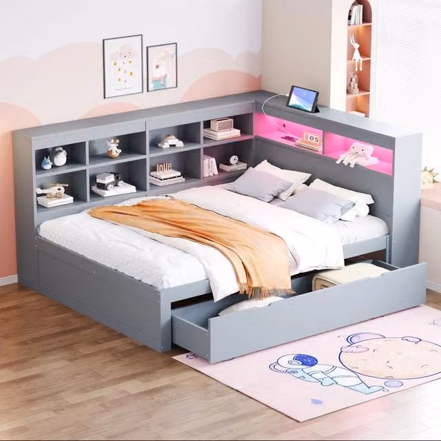 Letto Matrimoniale in Legno Massello con Cassetti e LED ¨C MINIMAL ¨C Grigio 140x200
