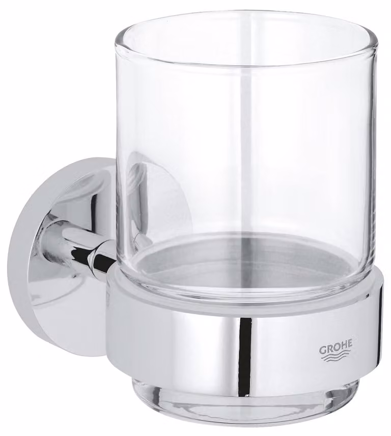 Grohe QuickFix Start - Bicchiere per spazzolini da denti con supporto, vetro/cromo
