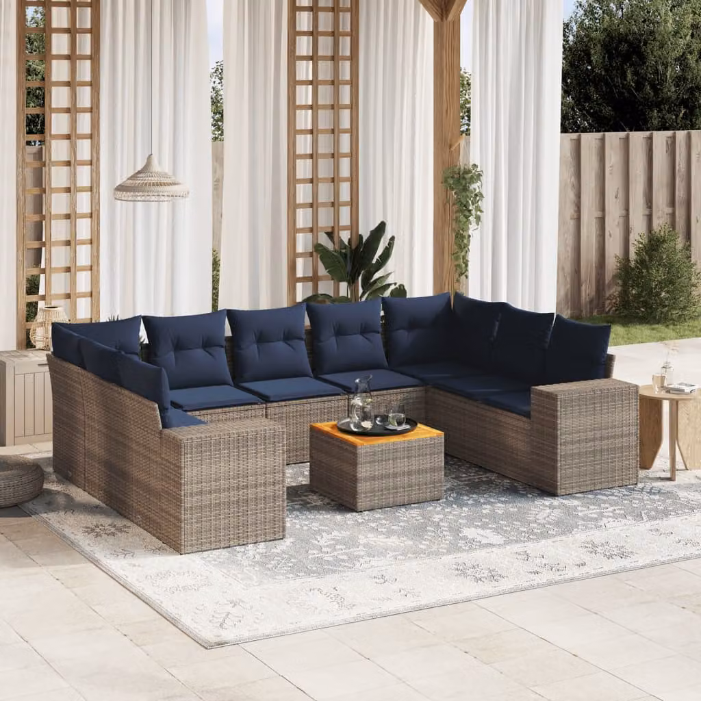 Set di divani da giardino vidaXL in polyrattan grigio con cuscini e tavolino da esterno a forma di L