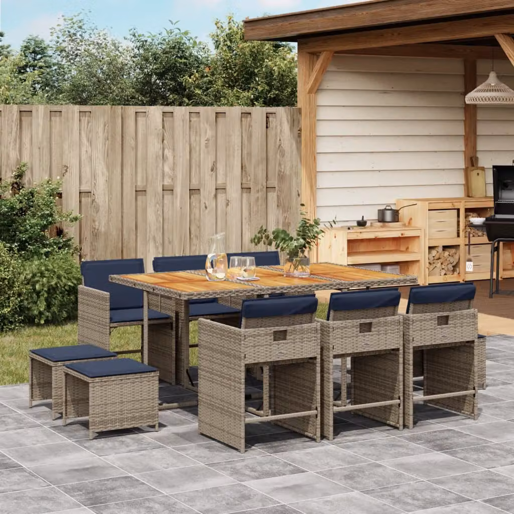 Set da pranzo da giardino vidaXL in polyrattan e legno di acacia da 11 pezzi con cuscini grigi