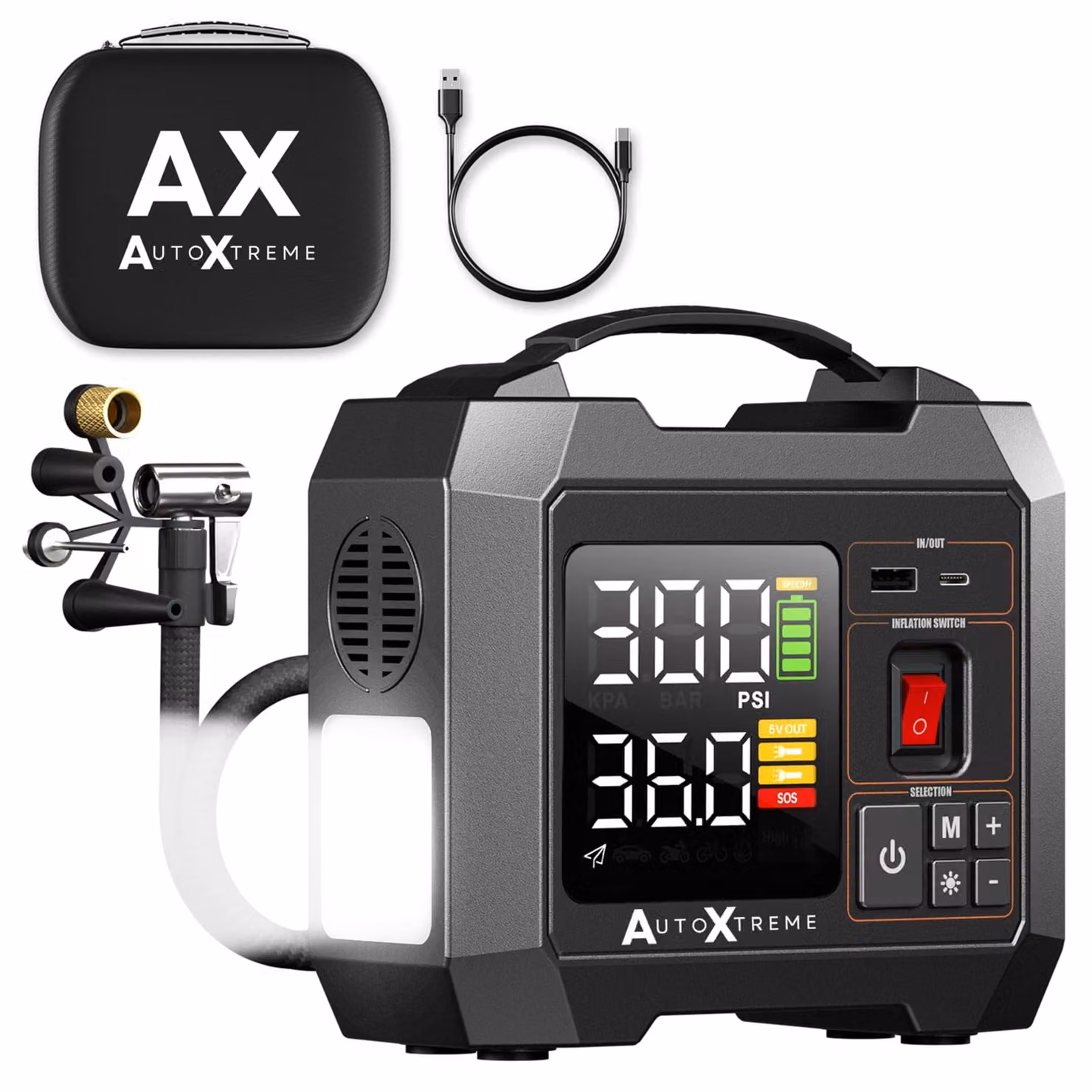 Compressore d'aria portatile wireless - Pressione massima di esercizio: 10,3 bar - Batteria: 16.000 mAh - Compatto - Adatto per auto, moto e biciclette
