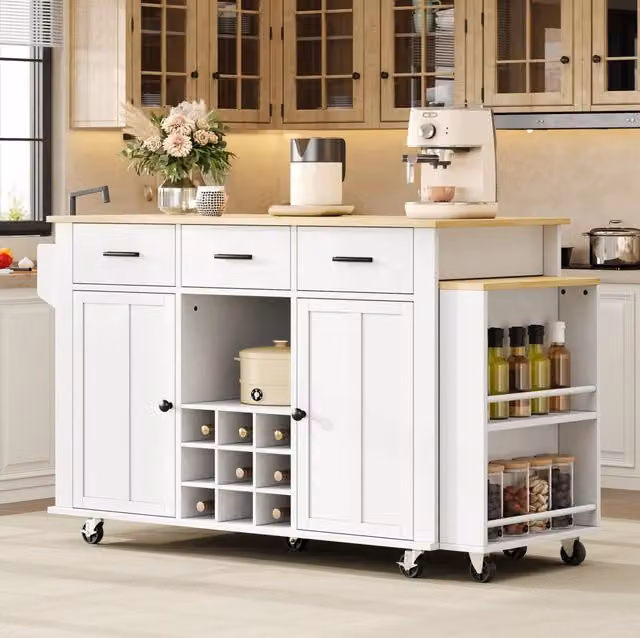Isola cucina mobile con piano estensibile, prese USB e 7 ruote