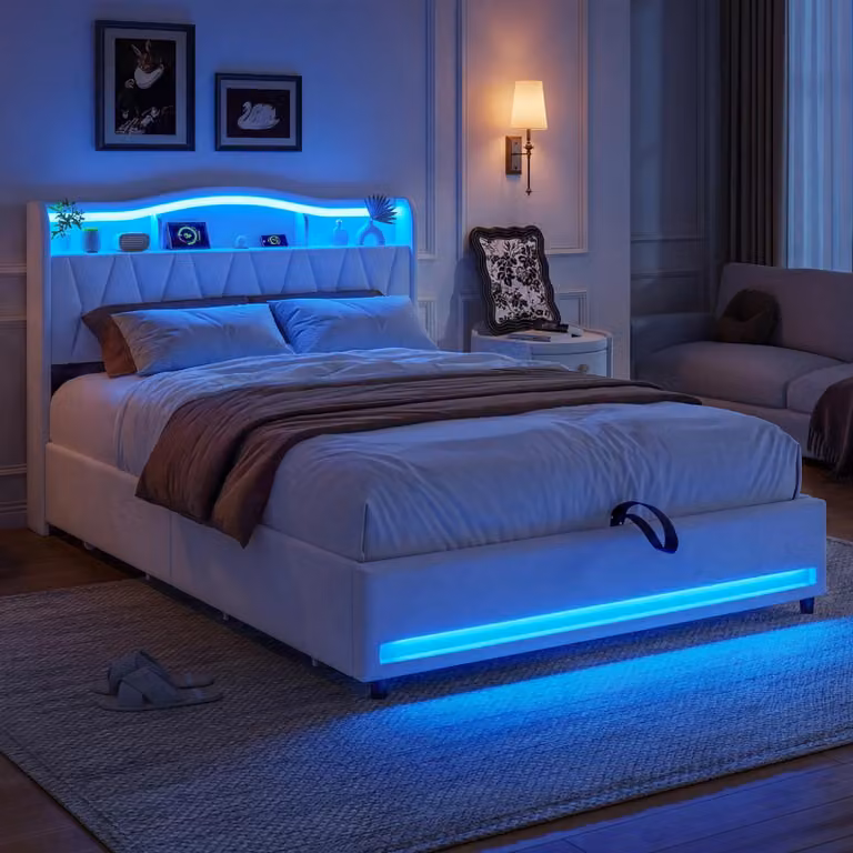 Letto imbottito ProximaX Beige 160x200 cm con cassetti e testiera con vano portaoggetti – tessuto in velluto, illuminazione a LED RGB, stazione di ricarica USB, rete a doghe
