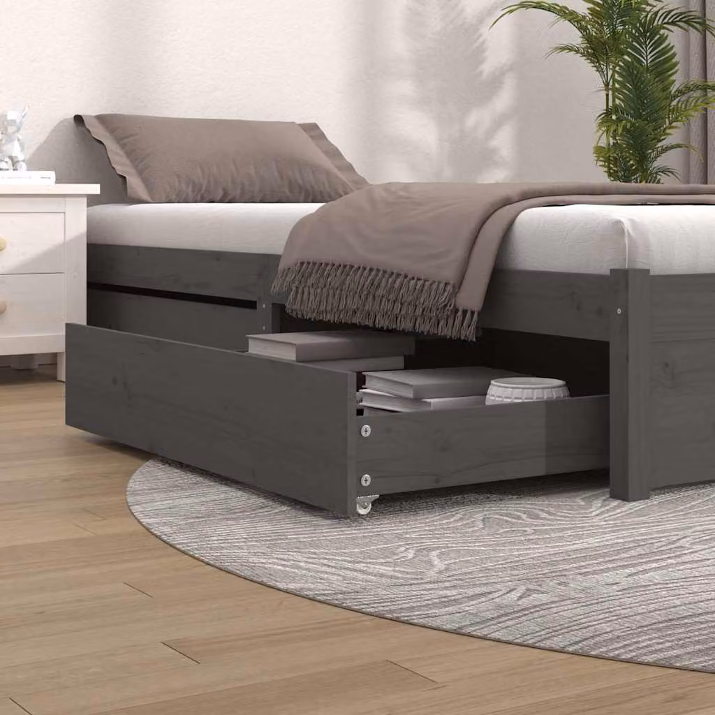 Set di 2 cassetti per letto vidaXL in legno massello di pino, colore grigio, L: 103,0 cm, P: 95,0 cm, H: 18,0 cm