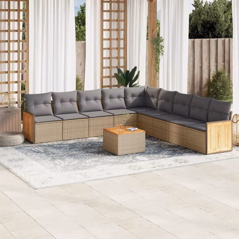 Set Divano da Giardino vidaXL 10 pz in Polyrattan con Cuscini Beige e Tavolino da Esterno