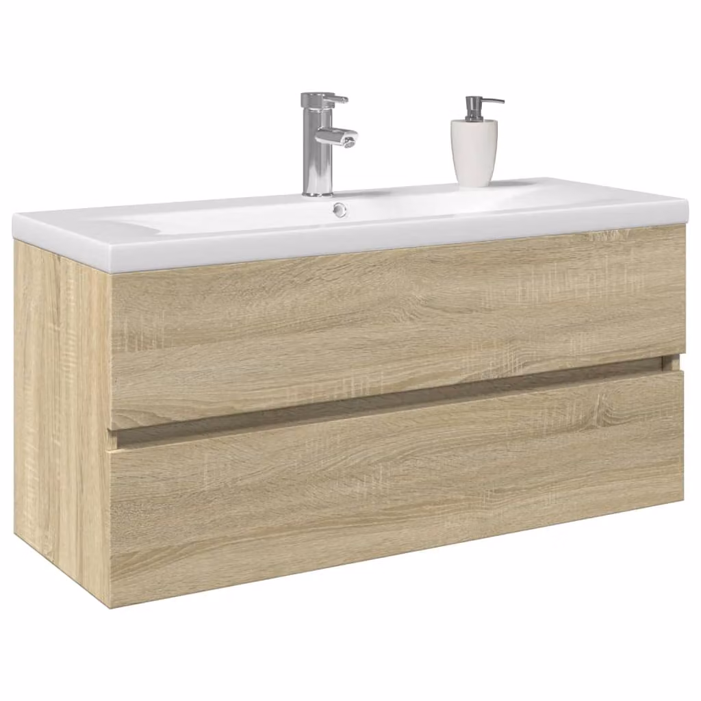 Set di mobili da bagno vidaXL in 2 pezzi in ceramica e legno multistrato color bianco, marrone e beige, con vanità sospesa e finitura opaca