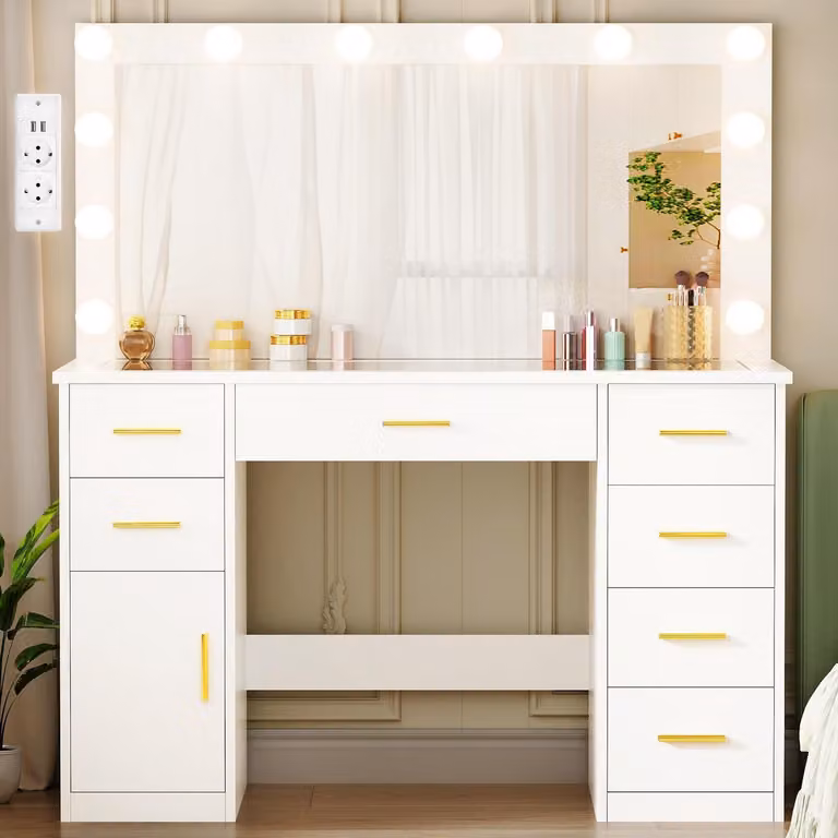 Comò da trucco con illuminazione a LED e presa di corrente, bianco, 140x110x40 cm