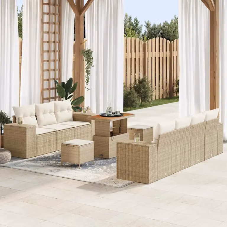 Set Divano da Giardino vidaXL 10 Pezzi Beige con Cuscini e Tavolino in Polyrattan e Acciaio