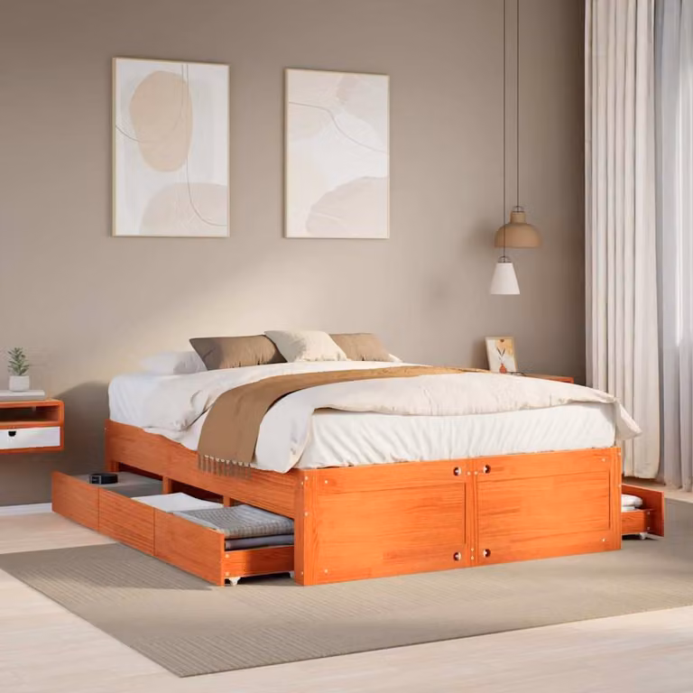 Letto in legno di pino con cassetti vidaXL, colore marrone cera, L/P/H: 203.5 x 153.5 x 41.0 cm