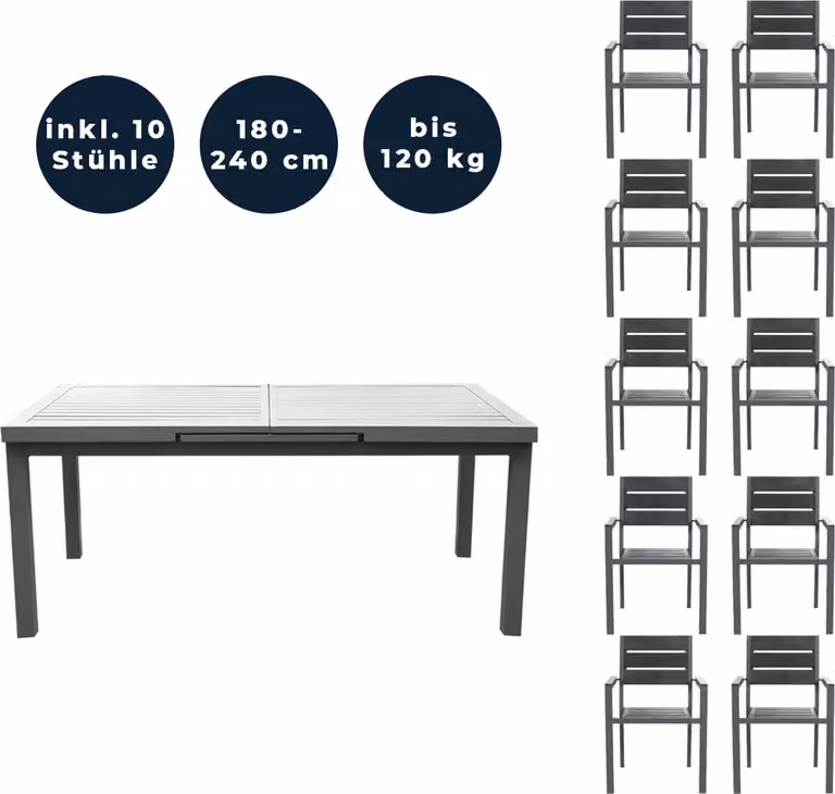 Home Deluxe - Tavolo da giardino allungabile - CALIDO - ca. 180 (240) x 97,5 x 76,5 cm - incl. 10 sedie, struttura in alluminio, piano in vetro - incl. accessori I Set da giardino tavolo allungabile per balcone
