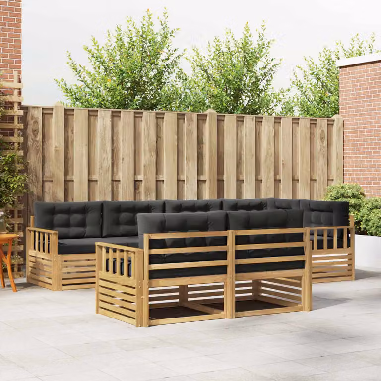 Set di divani da esterno vidaXL a forma di L composto da 7 pezzi in legno di acacia con cuscini bianchi e antracite in poliestere resistente ai raggi UV