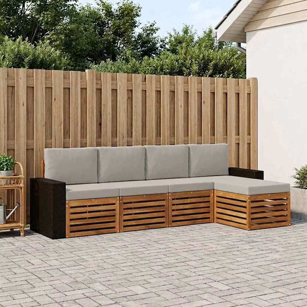 Set di divani da esterno vidaXL a forma di L composto da 5 pezzi in legno di acacia con cuscini in beige, grigio e marrone