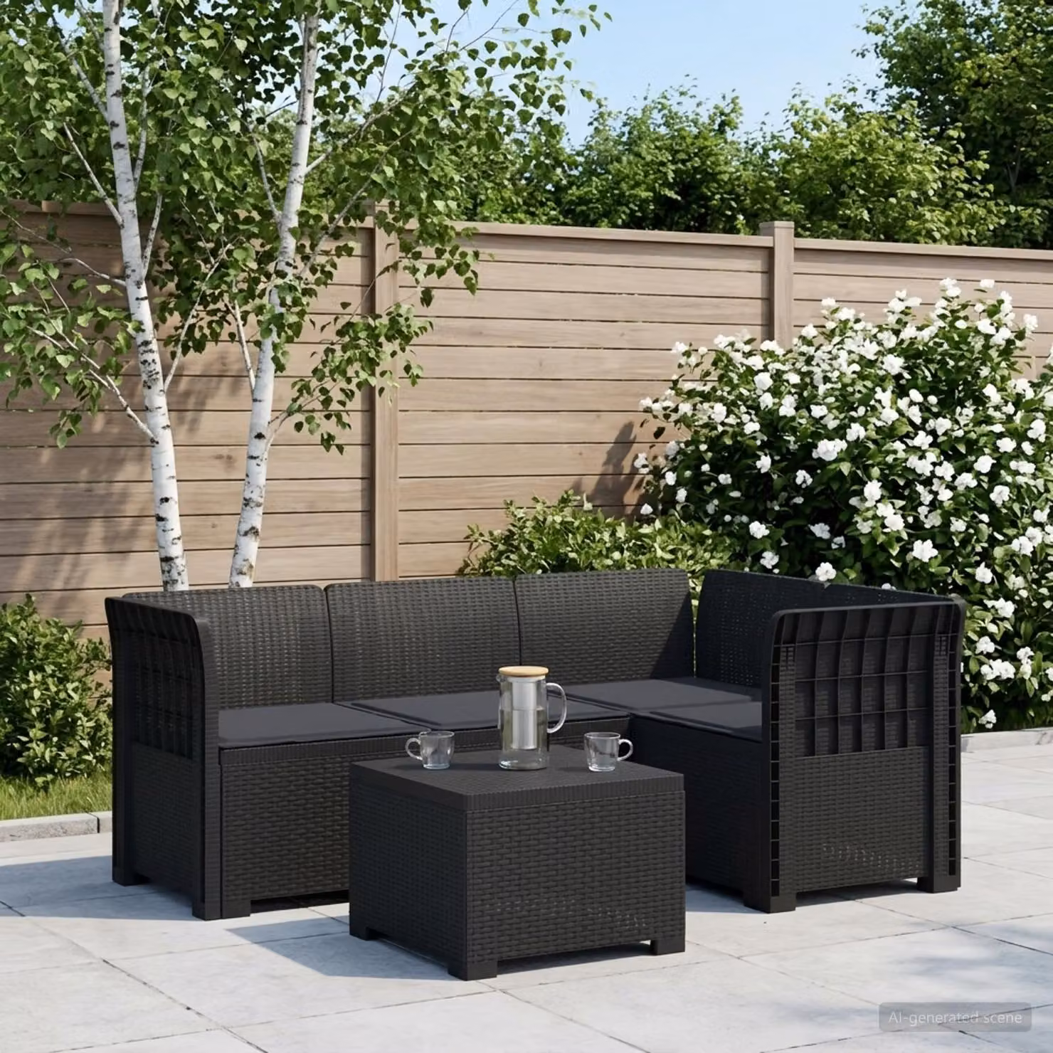 Set da giardino vidaXL moderno a forma di L con divano da esterno, elemento angolare, tavolino da caffè e cuscini imbottiti in polyrattan, colore grigio antracite