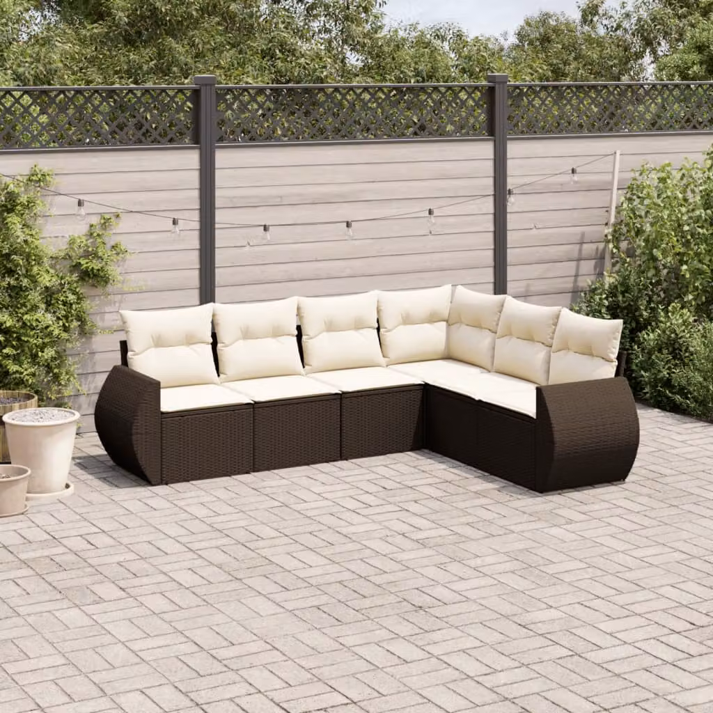Set Divano da Giardino a L vidaXL 6 pz in Polyrattan Marrone con Cuscini Bianchi – 1