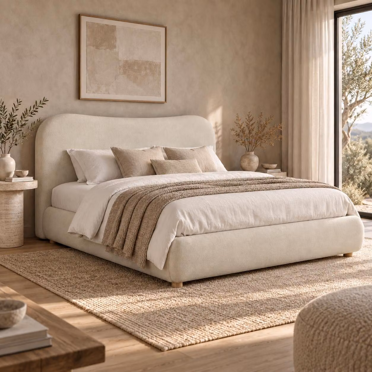 Letto imbottito okwish 160x200 con contenitore, testiera imbottita e rete a doghe, letto matrimoniale con gambe in legno massello, rivestito in chenille, colore beige, senza materasso