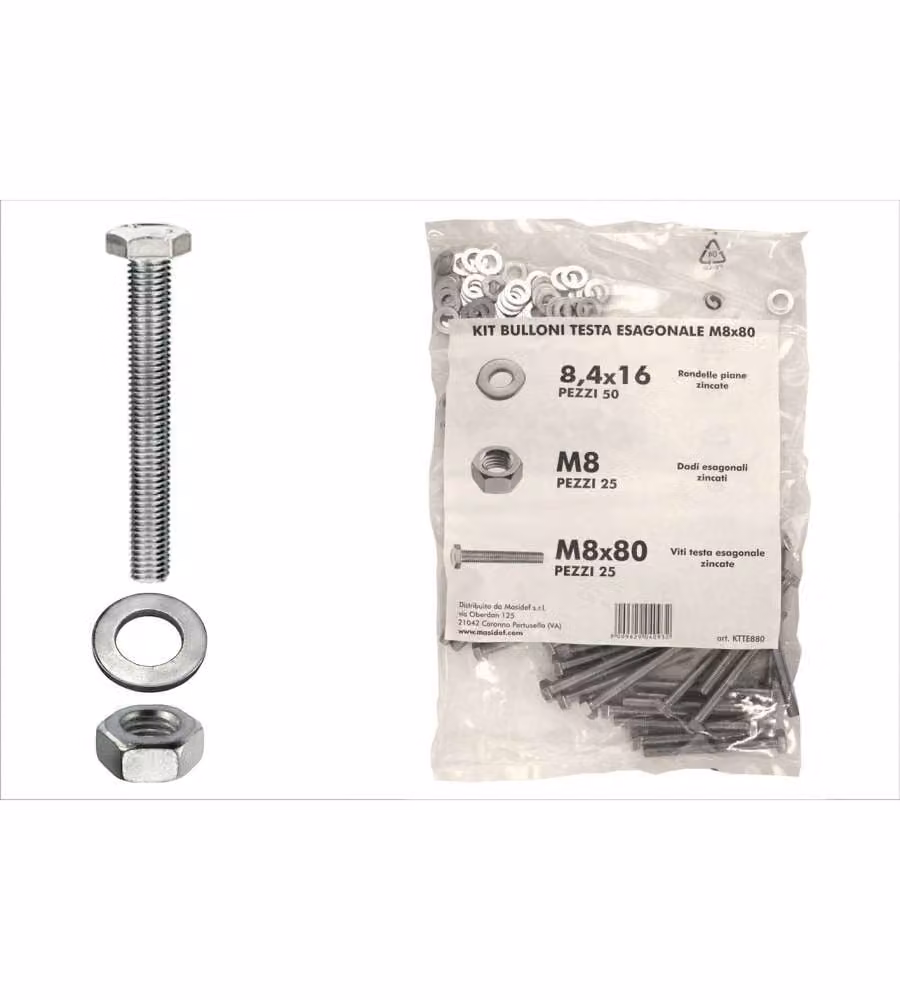 Kit viti testa esagonale M8 x 80 + dadi + rondelle - 100 pz.